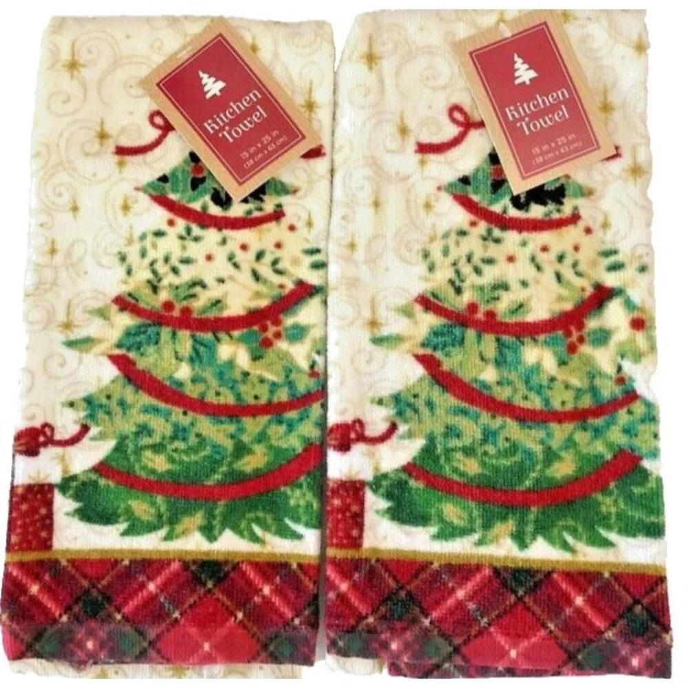 Christmas Tree Kitchen Dish Towels Set of 2 Holiday 100% Cotton 15x25 Red Plaid